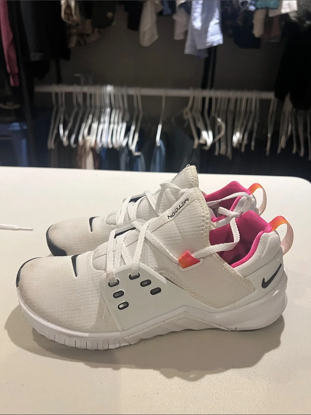 Nike White Metcon Training Shoes with Black Swoosh and Pink/Orange Pull Tabs